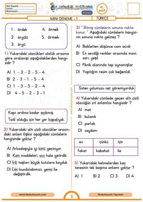 4 sınıf türkçe seviye belirleme sınavı